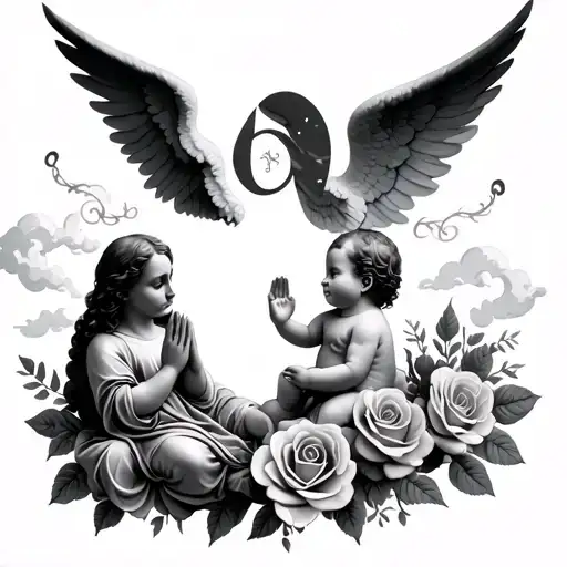 Jesus With Little Praying Baby Angel Numeral Numbers With Clouds And Roses