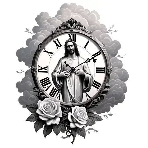 Jesus With Roman Numeral Clock With Clouds And Rose