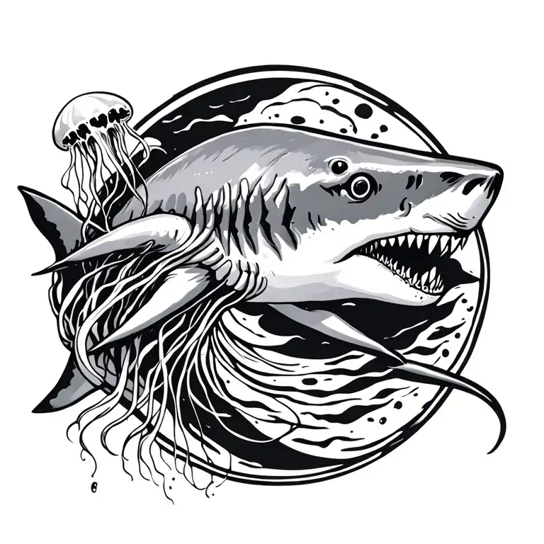 Shark With A Jellyfish Swimming