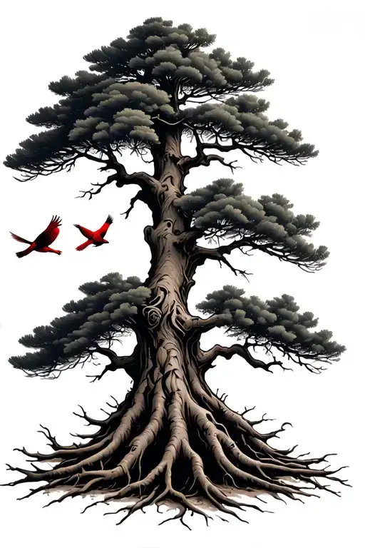 North Carolina Pine Tree With Roots And Cardinals Flying