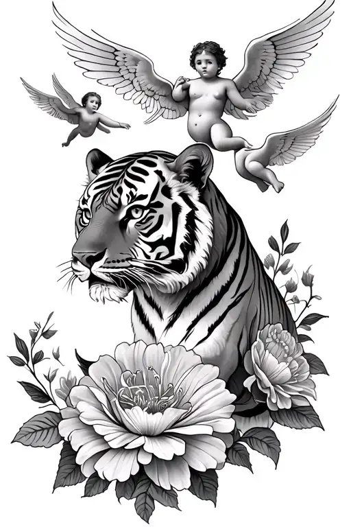 Tiger Flowers Cherubs Flying