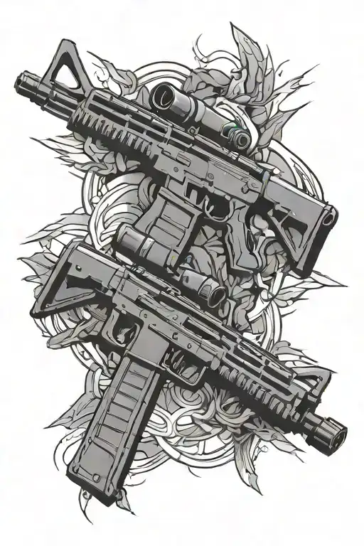 Two Kalashnikov Assault Rifles Crossed Against Each Other And Against The Background Of A Light Haze