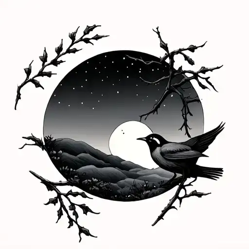 Wren And Willow With Moon And Hill