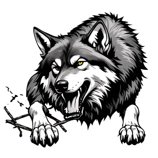 Wolf With Its Leg Stuck In A Trap And Its Chewing It Off