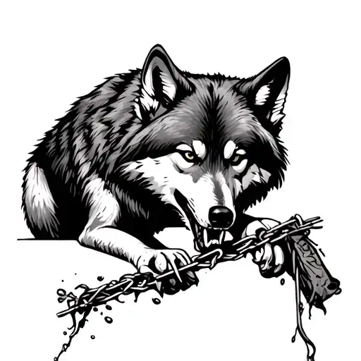 Wolf With Its Leg Stuck In A Trap And Its Chewing It Off