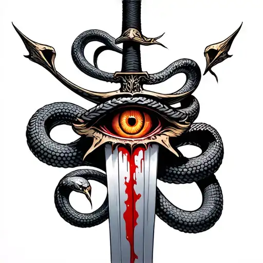 A Complete Sword With Broken Pieces Wrapped With 2 Snakes And One Eye In The Middle With Blood