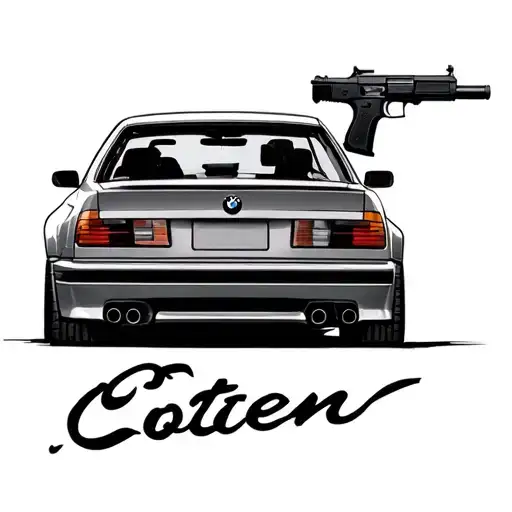 Coten Inscription From The Side Of The Bmw Car And The Heels Of Friends Next To The Weapon