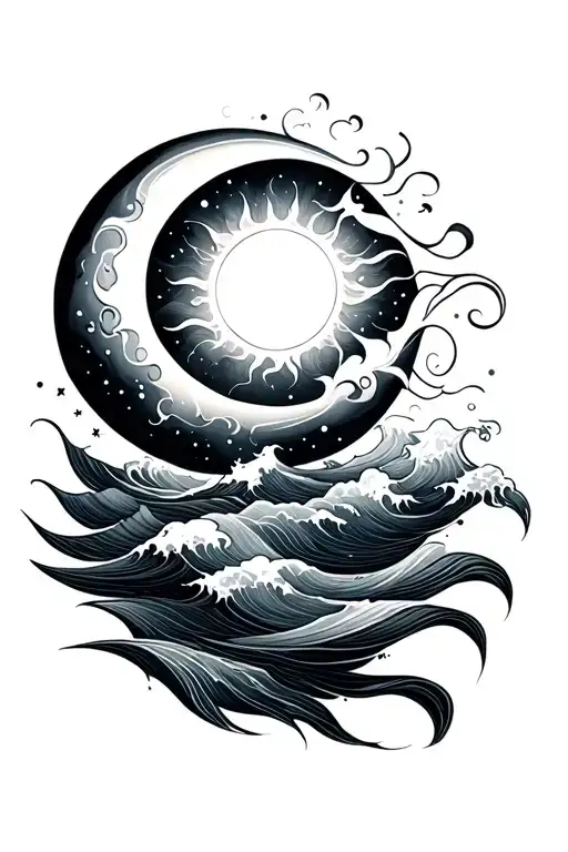Sun And Moon With Waves Flowing