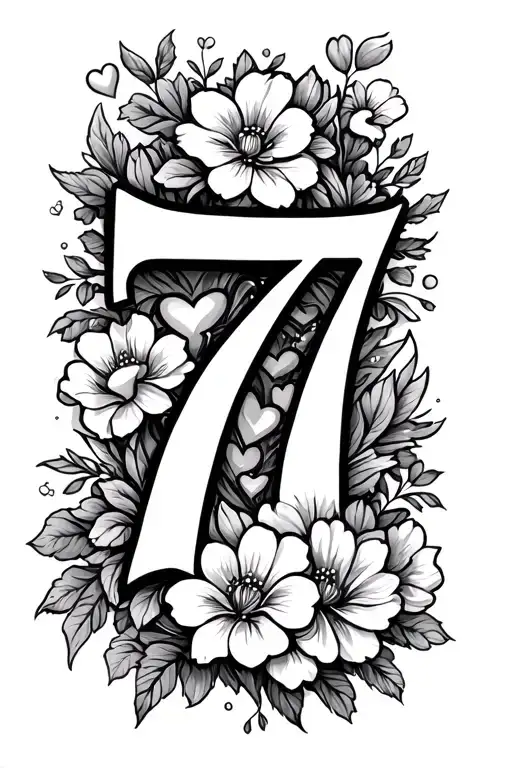 777 Symbol Surrounded By Flowers And Hearts