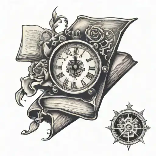 Old School Tattoo Style Black And White Clock And Book