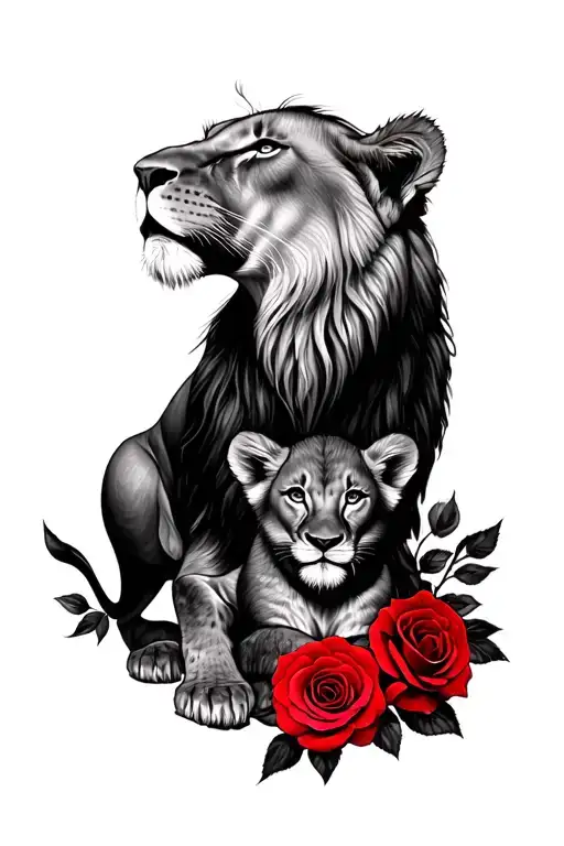 Lioness With One Cub And Red Roses Intertwined