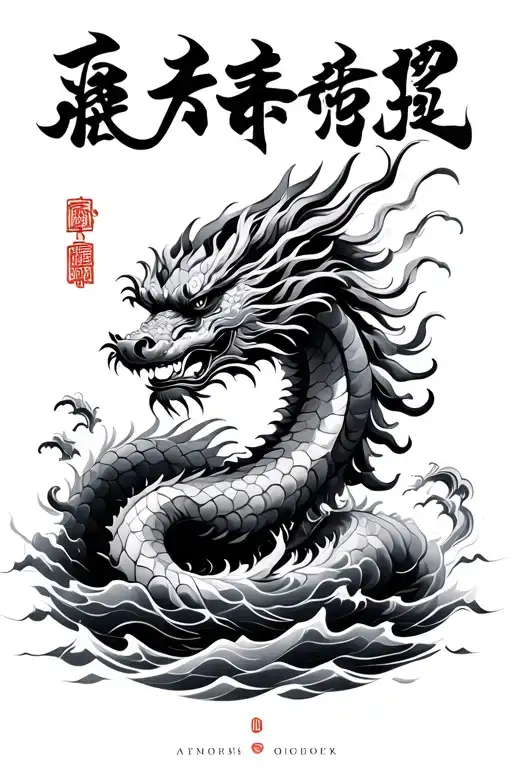 Chinese Dragon Surrounded By Water Waves