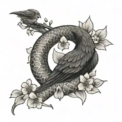 Cherry Blossoms With A Snake Holding A Crow