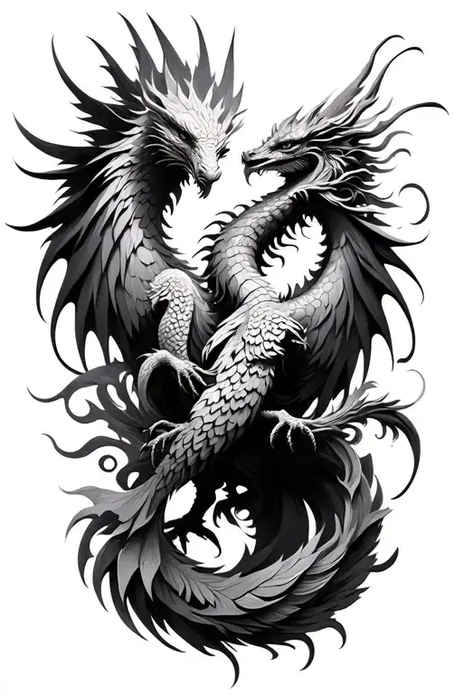 Feminine Pheonix And Dragon Intertwined