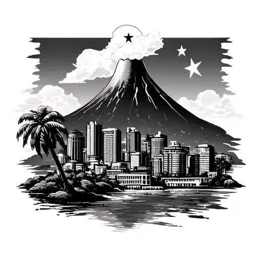 Philippines Land And City With Volcano Palms And The Star Flag