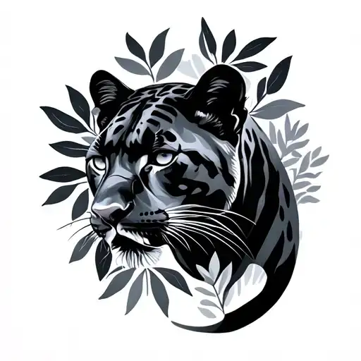 Realistic Panther With Silhouettes Of Leaves In The Backround