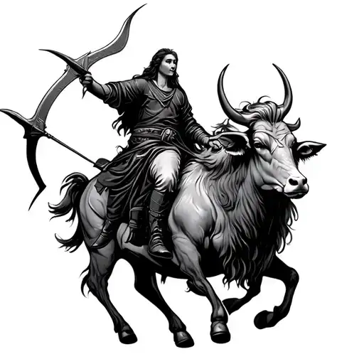 Virgo Zodiac Sign And Sagittarius Archer Riding An Ox