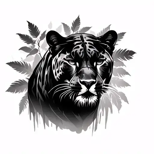 Darker Realistic Panther Front View With Silhouettes Of Leaves In The Backround