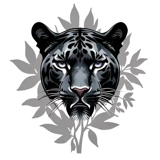 Darker Realistic Panther Front View With Silhouettes Of Leaves In The Backround