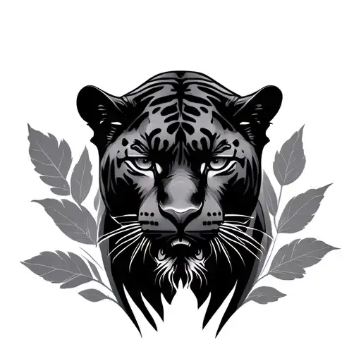 Darker Realistic Panther Front View With Silhouettes Of Leaves In The Backround