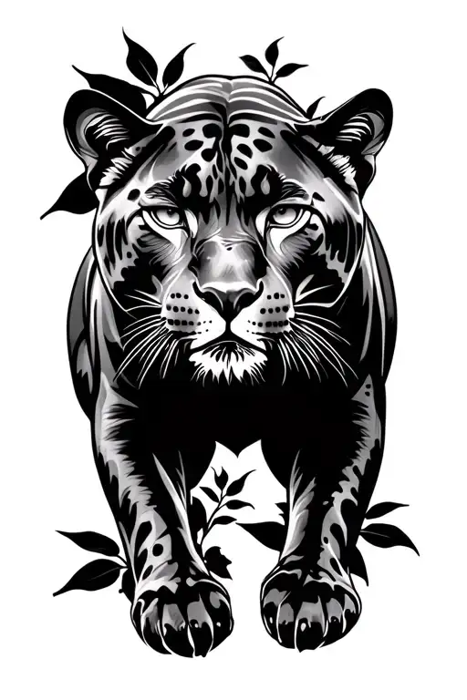 Darker Realistic Panther Front View With Silhouettes Of Leaves In The Backround