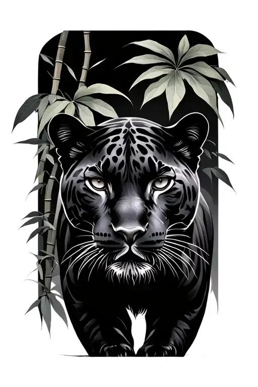 Darker Realistic Panther Front View With Silhouettes Of Large Leaves And Bamboo In The Backround