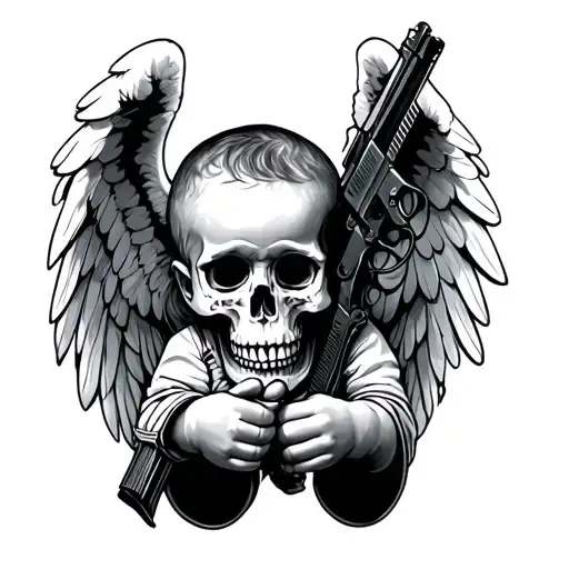 Baby Angel With Gun And Skull In Hands