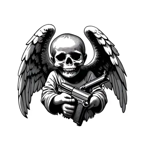 Baby Angel With Gun And Skull In Hands