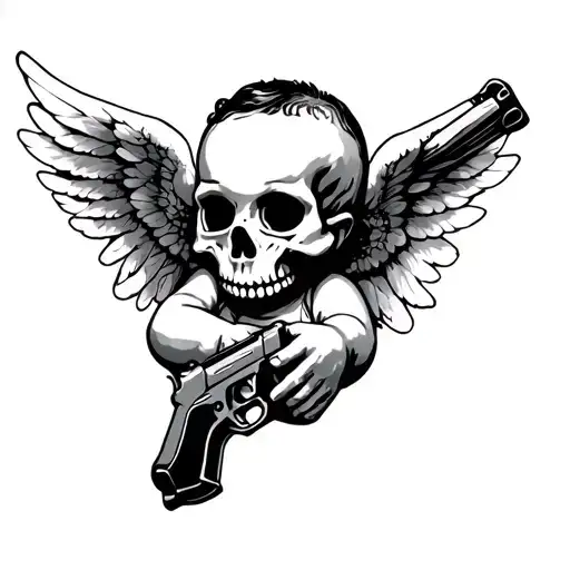 Baby Angel With Gun And Skull In Hands