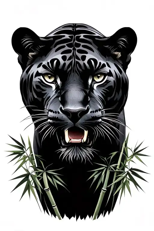 Darker Realistic Panther Front View With Silhouettes Of Bamboo In The Backround