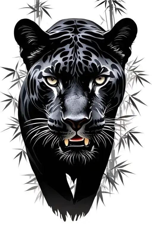 Darker Realistic Panther Front View With Silhouettes Of Bamboo In The Backround