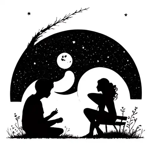 Boy Looking At The Moon Looking At A Girl Sitting Minimalistic