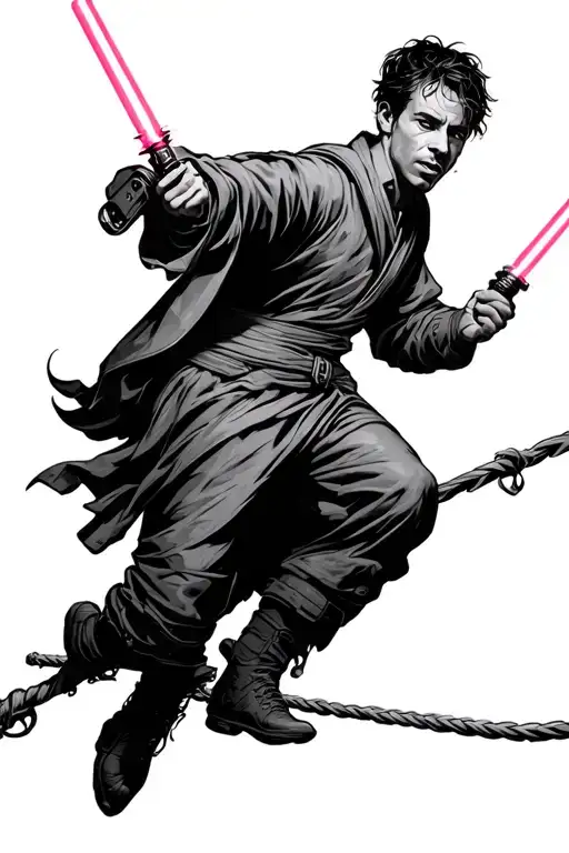 Guy Walking Accross A Tight Rope Holding A Dual Sided Lightsaber