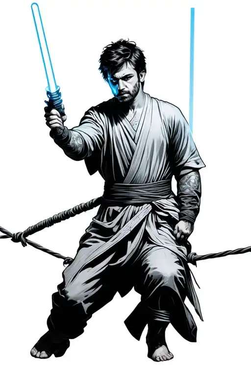 Guy Balancing Accross A Tight Rope Holding A Dual Sided Lightsaber