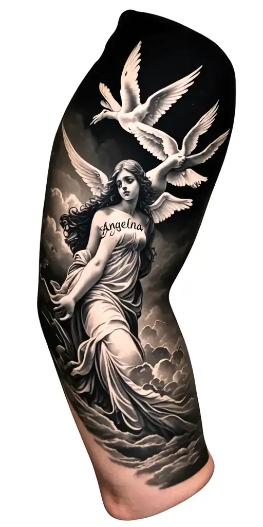 Forearm Sleeve That Says Angelina In Cursive With Black And Grey Shading Around With Angels Flying