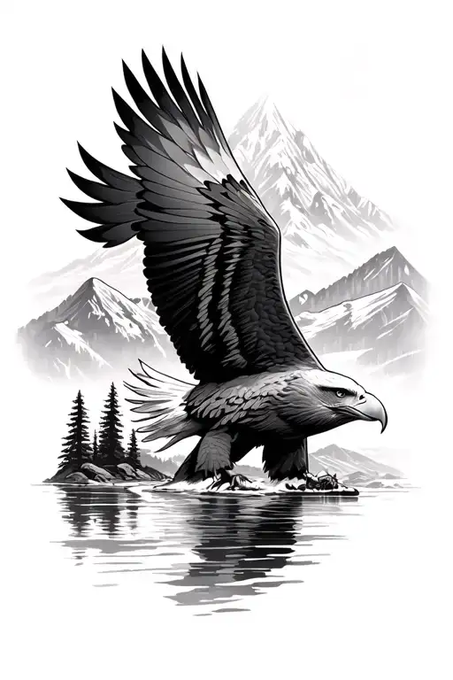 Eagle Soaring Over Mountain River