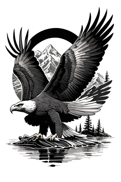 Eagle Soaring High Over Mountain River