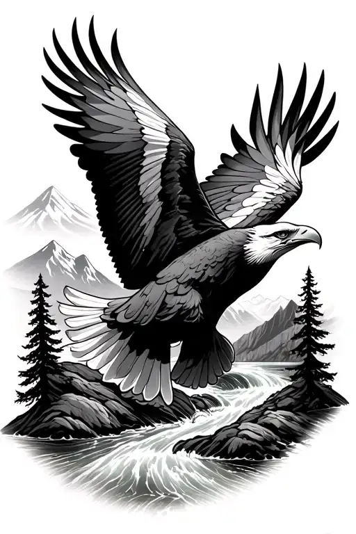 Eagle Soaring High With Mountain River Flowing