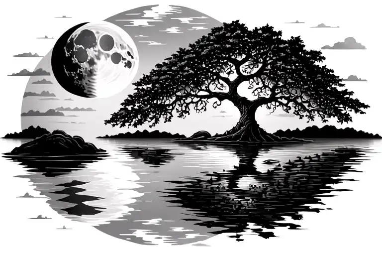 Tree Of Life With Water Reflection And Moon And Sun