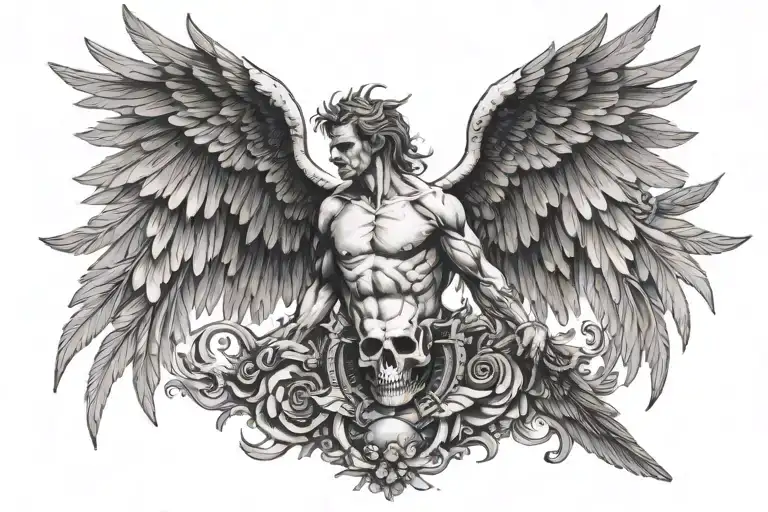 Fall Of Icarus With One Angel Wing And One Demon Wing With Bones At The Bottom