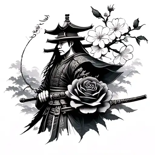 Samurai With Temple Cherry Blossom And Black Rose
