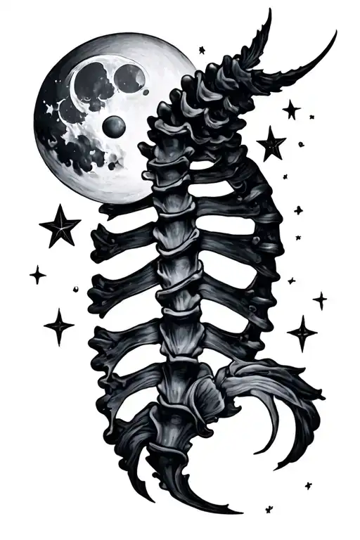 Spine Tattoo With Moon And Stars