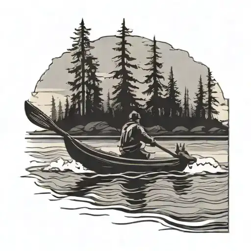 Silhouette Of Two Guys In A Canoe Chasing A Moose