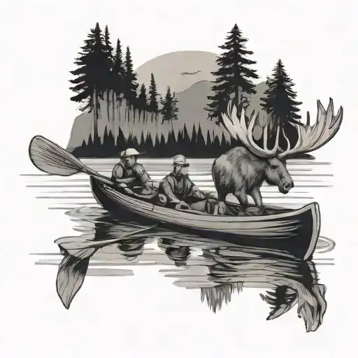 Two Guys In A Canoe With A Moose Swimming Near Them