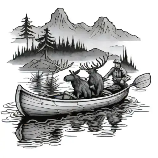 Two Guys In A Canoe With A Moose Swimming In The Water