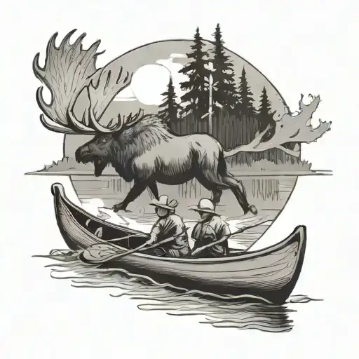 Two Guys In A Canoe With A Moose Swimming Alongside
