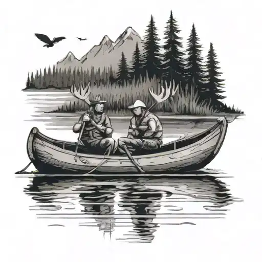 Two Guys Fishing In A Canoe With A Moose Next To Them In The Water