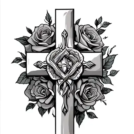 Cross Tattoo With Dob And Roses Behind