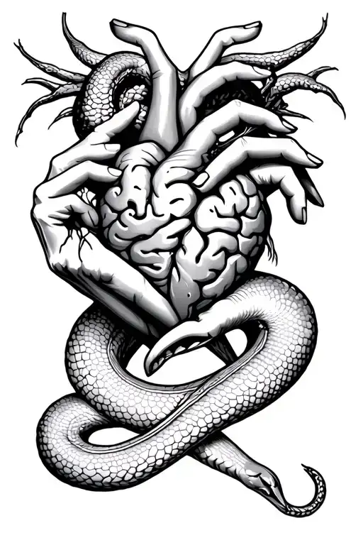 Heart And Brain With Hands Pointing And A Snake Intertwined