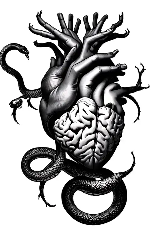 Heart And Brain With Hands On The Top And Bottom And A Snake Surrounding